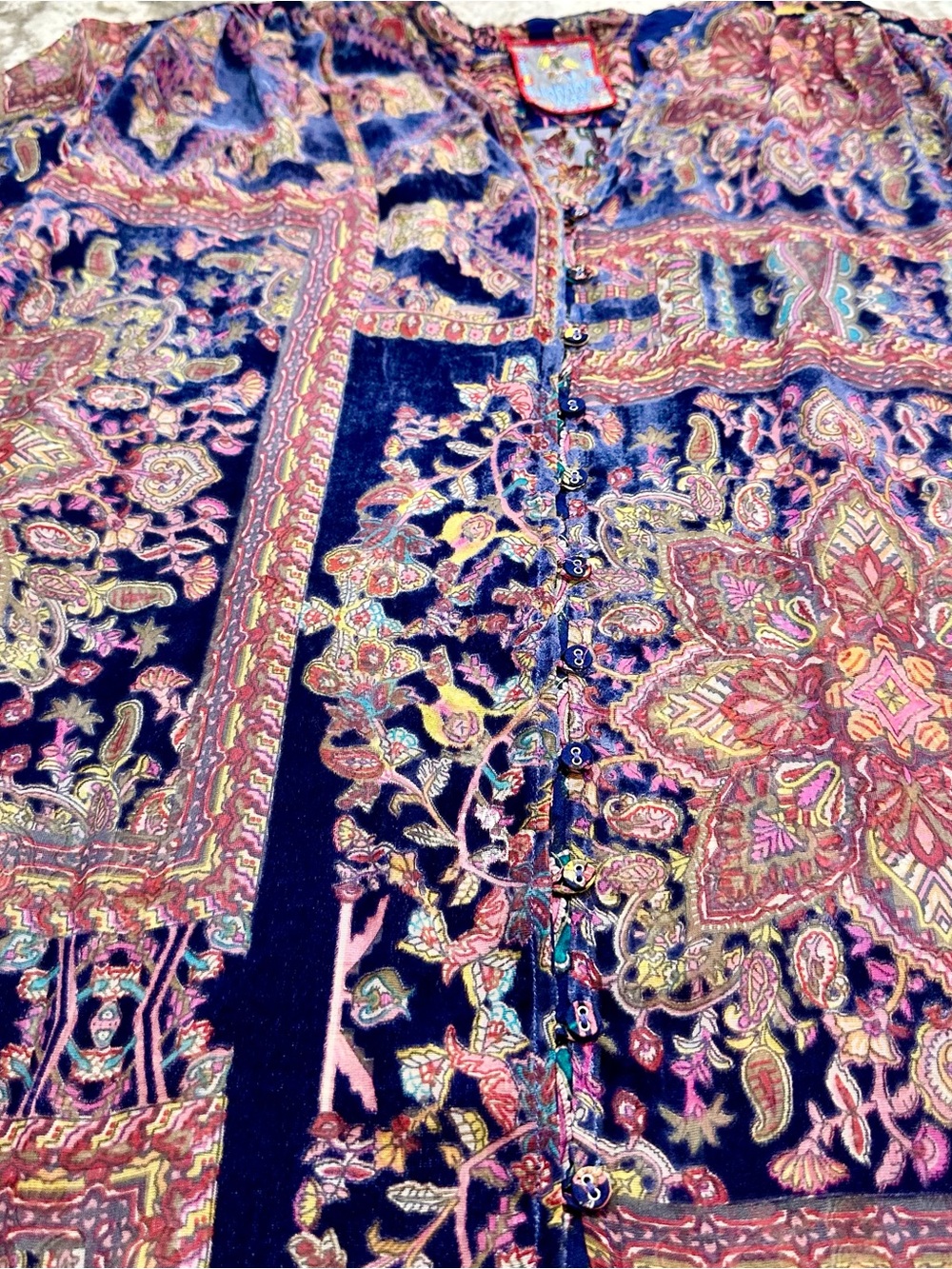 Floral Paisley Velvet Button-Up in Navy and Pink